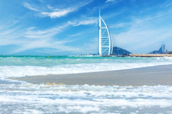 Burj Al Arab hotel in Dubai UAE view from the sea and beach